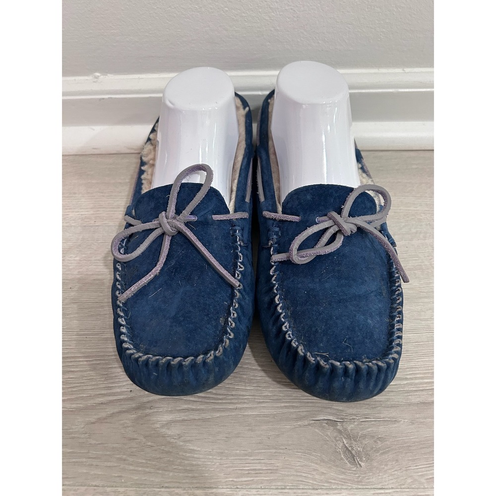 UGG Australia Dakota Navy Blue Suede Moccasin Slippers Womens 8 Sheepskin Comfy